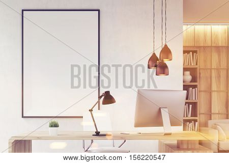Close up of CEO office with bookcase sofa table and large vertical poster on concrete wall. Wooden decoration in the background. 3d rendering. Mock up. Toned image