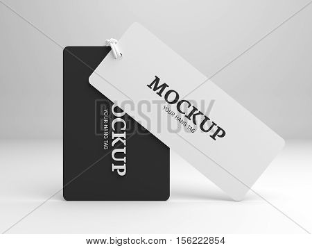 Hang tag mockup for branding label or cloth. Standing black and white tags with node. 3D illustration mock-up.