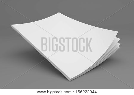 Blank flying magazine mock up with opening pages and showing spine. 3D illustration cover mock-up template on gray.
