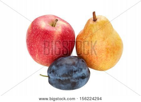 plum apple and pear fruits isolated on white background
