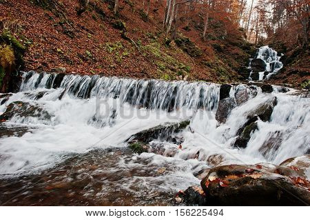 Waterfall Shypit On Borzhava, Pylypets Village On Carpathian Mountains. Ukraine. Europe. Amazing Wat