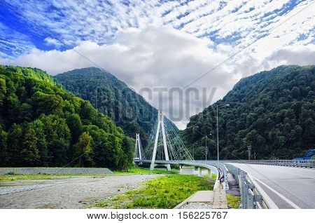 Cable-stayed bridge in Russia, Sochi. Photo landscape