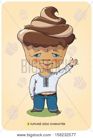 Funny vector illustration of a hand drawn cartoon character kid stylized sweet cupcake. Emotional states confectionery caramel and bakery food