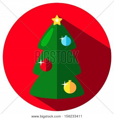 Green fir tree vector icon with colorful ornaments. Christmas or New Year stamp or logo with fir tree. Ornament fir tree icon on round background. Flat style Christmas icon. Winter holiday image