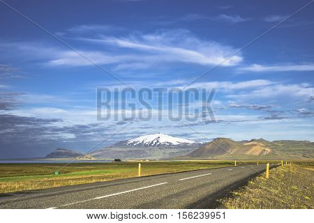 Isolated Road To Snaefellsjoekull Mountain At Iceland, Summer Time