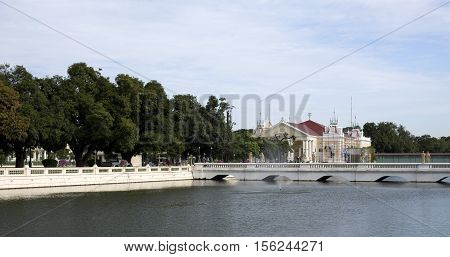 AYUTTHAYA, THAILAND - November 4, 2016: View of the Phra Thinang Warophat Phiman the neoclassic royal mansion at the Bang Pa-in Palace compound Thailand