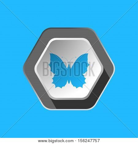 Blue butterfly silhouette vector icon on the hexagon background with shadow.