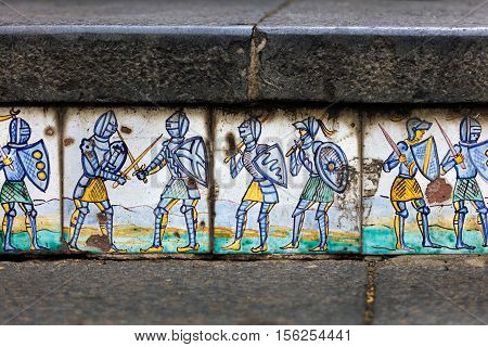 Details of the hand-decorated ceramic tiles of the 18th century Staircase of Santa Maria del Monte main landmark of Caltagirone Sicily. The town is famous for it's maiolica and terra-cotta wares.