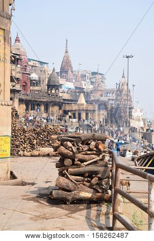 VARANASI, UTTAR PRADESH INDIA - FEBRUARY 17, 2016 - Wooden pyres ready for the cremation rituals on the ghats