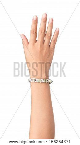 Bracelet Inlaid With Gemstones On Hand Isolated On White Background