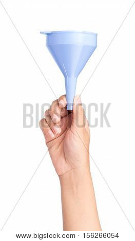 Hand Holding Plastic Kitchen Funnel Isolated On White Background