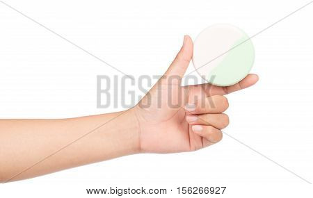 Hand Holding Puff For Makeup Compact Powder Isolation On White Background.