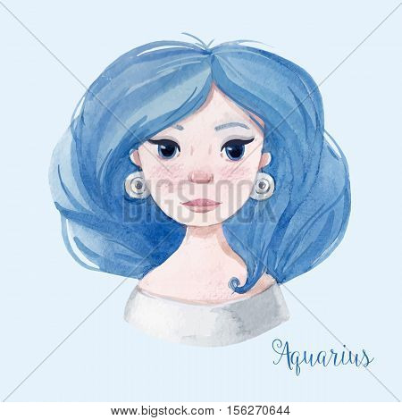 Beautiful watercolor hand drawn girl as a symbol of horoscope sign aquarius