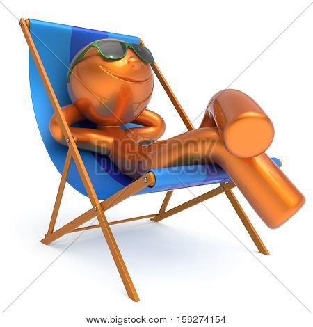 Smiling man relaxing beach deck chair summer sunglasses cartoon character chilling stylized person sun lounger tourist sunbathing rest outdoor vacation lifestyle travel destination. 3d illustration