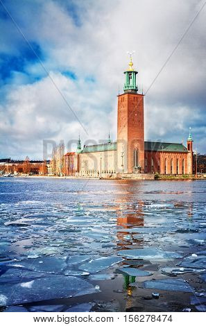 The City Hall Stadshuset in Stockholm at spring, Sweden, toned