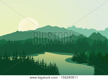 Beautiful sunrise at mountain lake. Vector landscape.