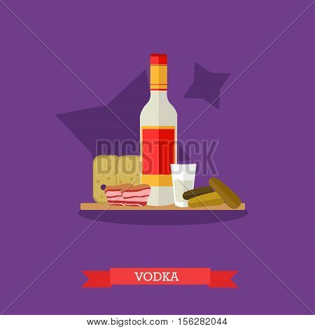 Vector illustration of vodka bottle and shot with appetizer, snack. Bread, pickled cucumbers and lard on cutting board. Popular alcoholic beverage in Russia. Flat design
