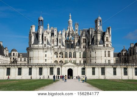 CHAMBORD FRANCE - MAY 07 2015: The royal Chateau de n at Loir-et-Cher France is one of the most recognizable castles in the world because of its very distinctive French Renaissance architecture