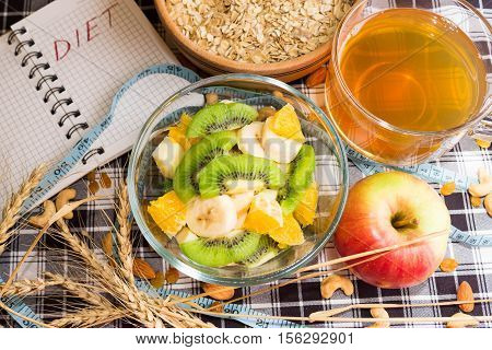 Delicious fruit salad in a glass bowl for diet