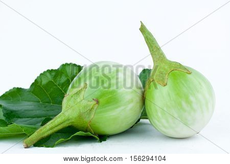 eggplant or Yellow berried nightshade and leaf  on white background thai eggplant aubergine  vegetable isolated