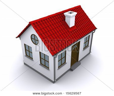 Una piccola casa con tetto rosso su sfondo bianco