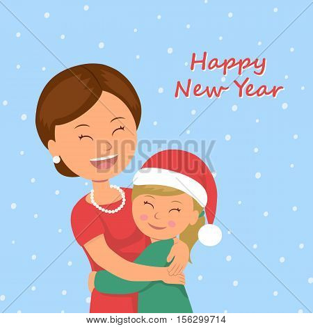 Mom hugs her daughter. Child congratulates his mother Happy New Year. Happy family cuddling in celebration of Christmas Holiday. Vector Illustration in flat style.