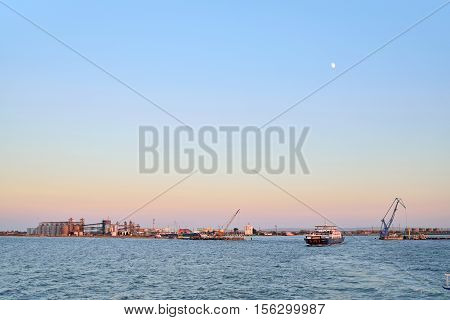 View Of The Pier Of Port Of Kavkaz And Floating Ferry At Sunset