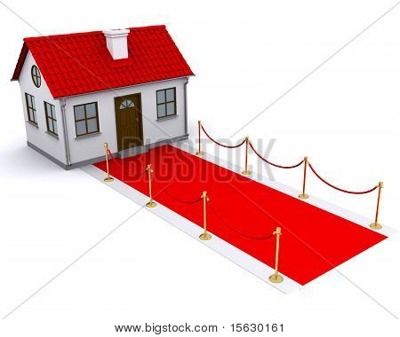 piccola casa con tetto rosso e tappeto rosso