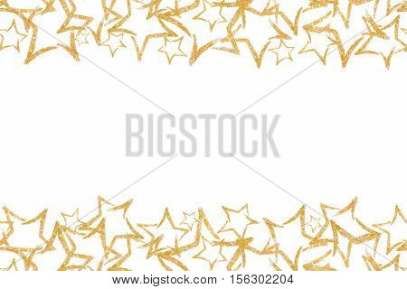 Photo scattered sequins in the shape of a star. Seamless border with gold glitter star. Sequins. Golden shine. Powder. Glitter. Shining symbol.