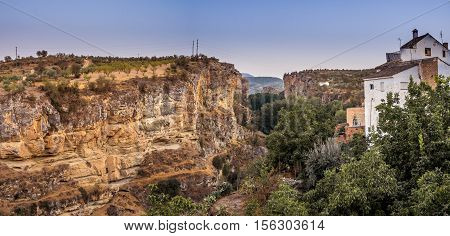 A landscape view of the gorge at the historic town of Alhama de Granada Andalucia Southern Spain