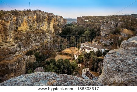 A landscape view of the gorge at the historic town of Alhama de Granada Andalucia Southern Spain