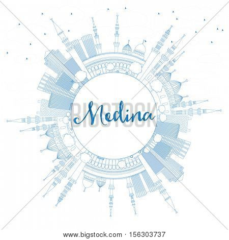 Outline Medina Skyline with Blue Buildings and Copy Space. Vector Illustration. Business Travel and Tourism Concept with Historic Architecture. Image for Presentation Banner Placard and Web Site.