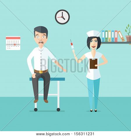 Friendly woman doctor or nurse with syringe in her hand and scared man. Doctor and patient in doctors office. Medical healthcare illustration in modern flat style