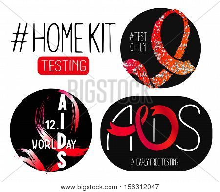 World AIDS day 1 December posters. Awareness red ribbons. Isolated vector banner. HIV test symbol.'Home Kit Testing'.'National Testing'