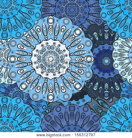 Blue colored seamless pattern with eastern floral orament. Floral oriental design in aztec, turkish, pakistan, indian, chinese, japanese style