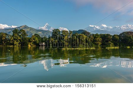 Fewa Lake and the Annapurna range in Pokhara, Nepal