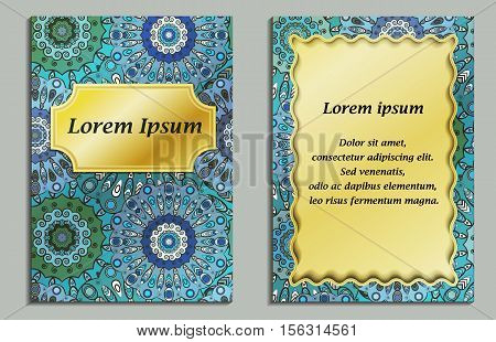 Card or invitation in oriental style with eastern floral mandalas ornament. Islam, Arabic, Indian, ottoman, chinese, japanese motifs in blue and gold colors