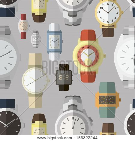 Pattern of watches in classic design. Vector illustration. Man gold watches isolated on color background.