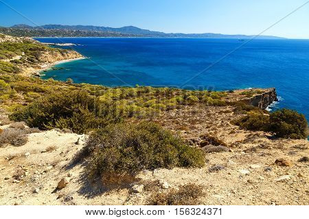 coast of the island of Rhodes, the Aegean sea, a beautiful Bay for swimming, view from above