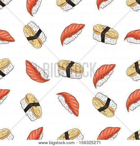 Vector seamless pattern Tamago Nigiri and nigiri sake, color
