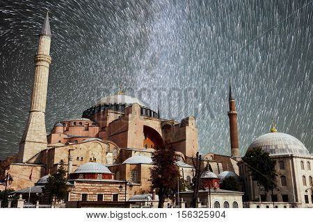 Hagia Sophia in Istanbul. The world famous monument of Byzantine architecture. View of the St. Sophia Cathedral at sunrise.