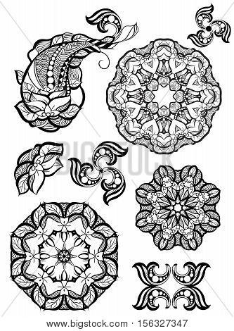 Hand-drawn mehendi ornamental elements and mandala collection. Indian henna tattoo set. Oriental style decorative design templates. EPS 10 vector illustration isolated on white