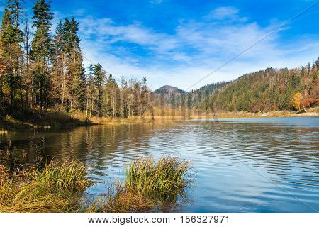 Beautiful lake Bajer, colorful autumn landscape, Fuzine, Gorski kotar, Croatia