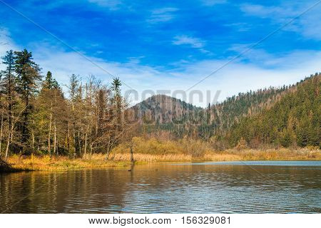 Beautiful lake Bajer, colorful autumn landscape, Fuzine, Gorski kotar, Croatia