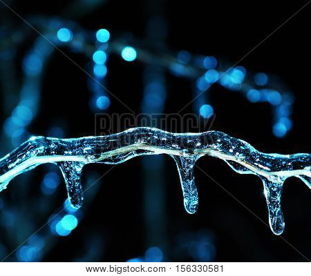 frosen icicles on tree branches night sceen close up picture