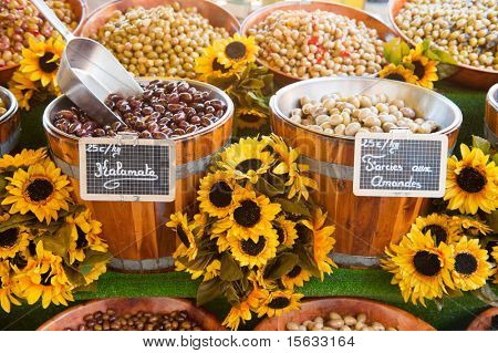Various fresh French olives at the market in France