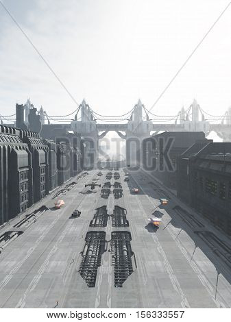 Science fiction illustration of a future city street with road traffic and bridge or flyover, digital illustration (3d rendering)