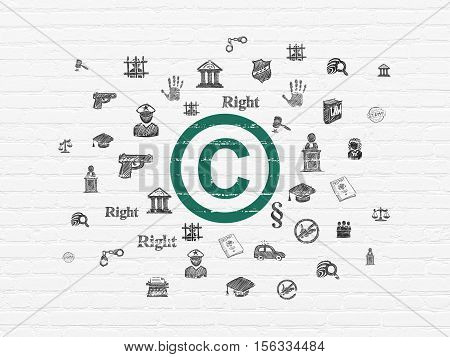 Law concept: Painted green Copyright icon on White Brick wall background with  Hand Drawn Law Icons