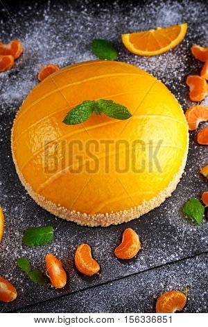 Orange Cake witch mousse, Mandarin saucea and fruit.