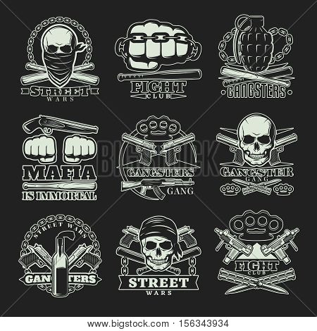 Nine emblems set with gangsters and mafia street wars symbolics weapons skulls knuckle duster and captions vector illustration